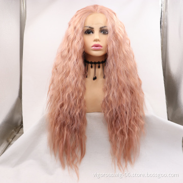 Lovely Pink Mono Long Curly Premium High Quality Water Wave Wholesale Cheap Women Fiber Synthetic Hair Wigs Lace Front